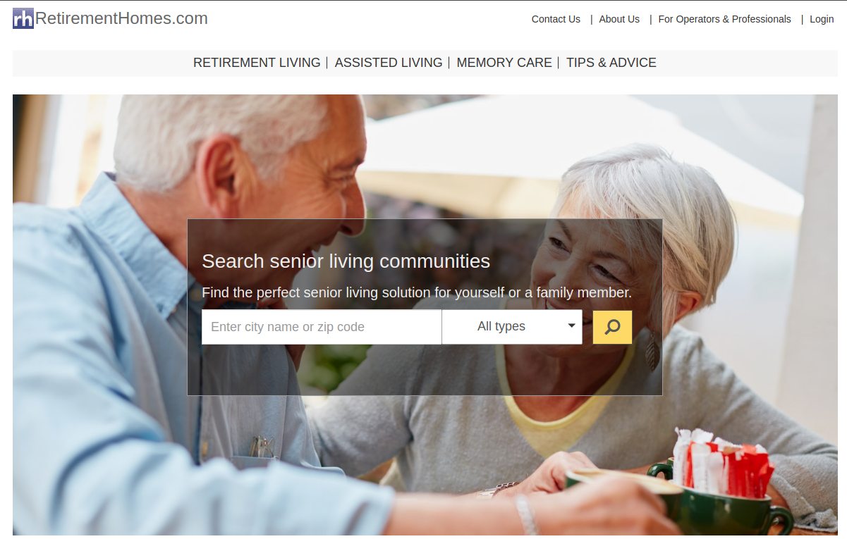Homepage of retirementhomes.com showing an easy to understanding layout with two navbars and a centrally located searchbar.