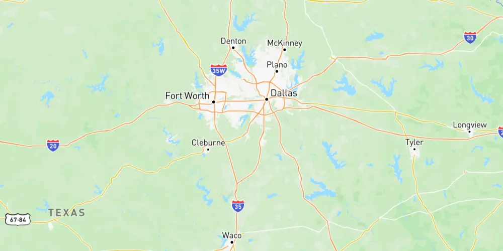 Map with marker east of Dallas, Texas